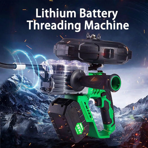 Cordless Electric Wire Puller With Portable Cable Threader And Included Battery For No Sweat Construction And Communication Line Stringing Featuring Quick Variable Speed And Knockout Four Wheel Drive Grip, side view on rugged background.