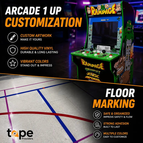 Arcade cabinet with 'Rampage' game and vinyl pinstriping tape floor marking for vehicle detailing and crafts