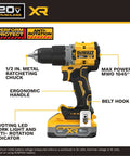 Pro Grade Brushless Cordless Hammer Drill Kit Paired With Half Inch Chuck And Five Amp Hour Battery Plus Lightning Charger displaying 1/2 inch metal chuck.