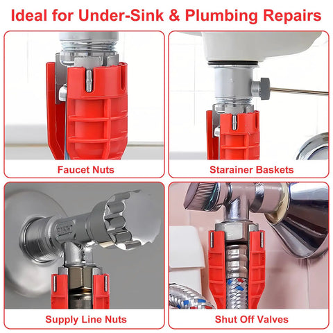 8 In 1 Faucet And Sink Installer Wrench in use for under-sink repairs, tightening faucet nuts, strainers, and valves.