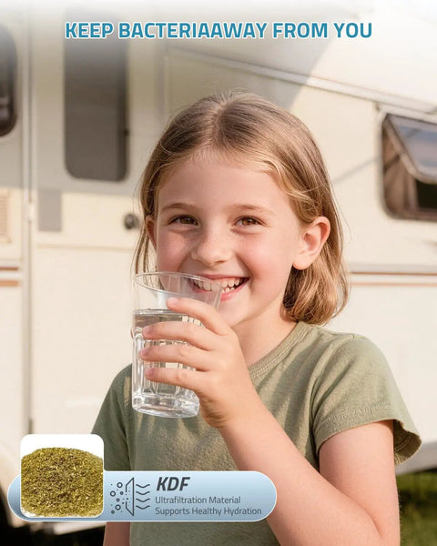 Child enjoying clean water filtered by Reliable 2 Pack Inline Water Hose Filter For RV Camper And Boat KDF gear.