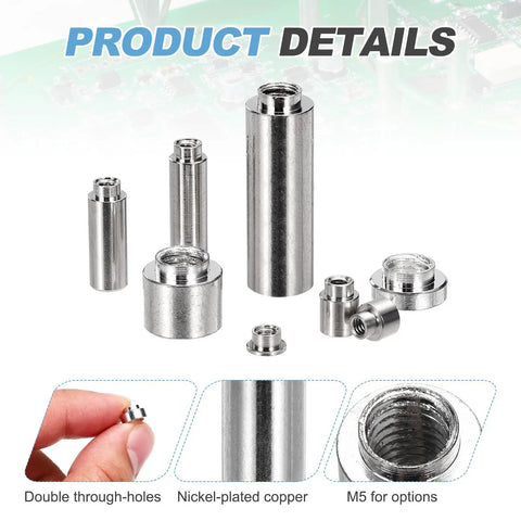 Top Shelf Nickel Plated Copper Weld Nuts M5 Thread For PCB Electronics Assembly showing various sizes and types of nuts.