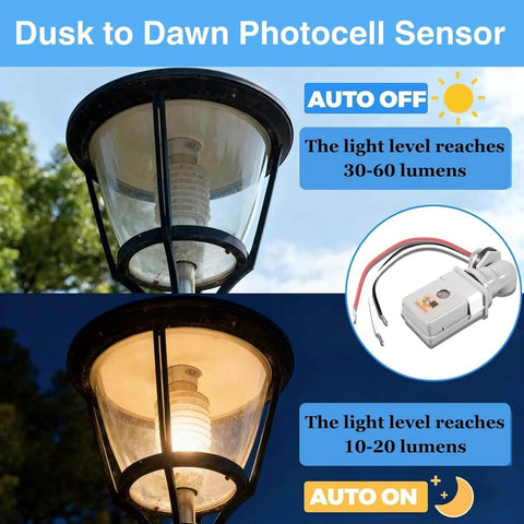 4 Pcs Photocell Sensor For Outdoor Lights 120VAC Dusk To Dawn Sensor showing light activation at different lumens