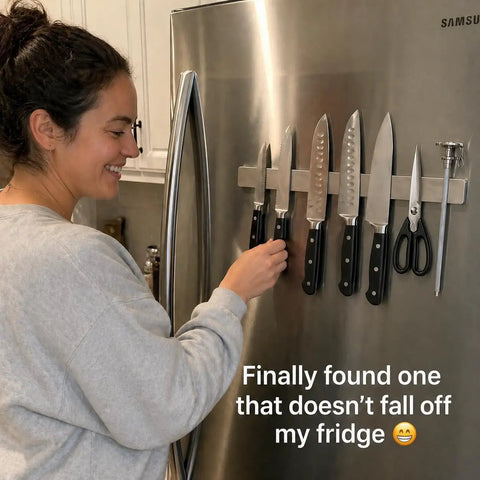 16 Inch Stainless Steel Magnetic Knife Bar for Kitchen Storage and Home Organization, holding knives on refrigerator