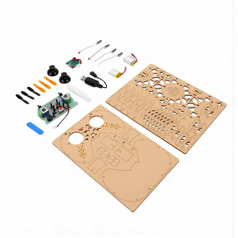 Totally Beginner Friendly Wooden Drone Kit For RC Quadcopter Training with parts and protective frame layout