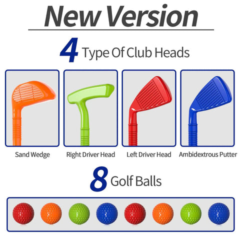Colorful clubs and balls from Tot Friendly Mini Golf Toy Set With Golf Cart, Putting Mat, 4 Clubs And 8 Balls For Backyard Play, Perfect Gift.