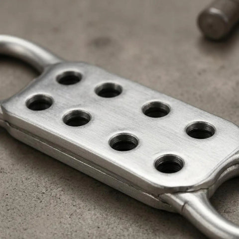 Close-up of industrial aluminum alloy lockout hasp with rectangular flat bar showing multiple lock points.