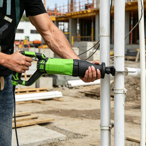 Person using 900W Reciprocating Saw With Variable Speed And LED Work Light on PVC pipes at construction site