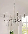 French Country Six Light Wood Candle Chandelier With Distressed White Drop Pendant And Rustic Gold Metal Arms For Dining Room