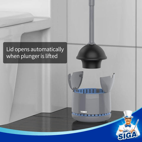 Heavy Duty Toilet Plunger With Holder Set For Quick Bathroom Cleanup, showing ergonomic handle and ventilated gray holder