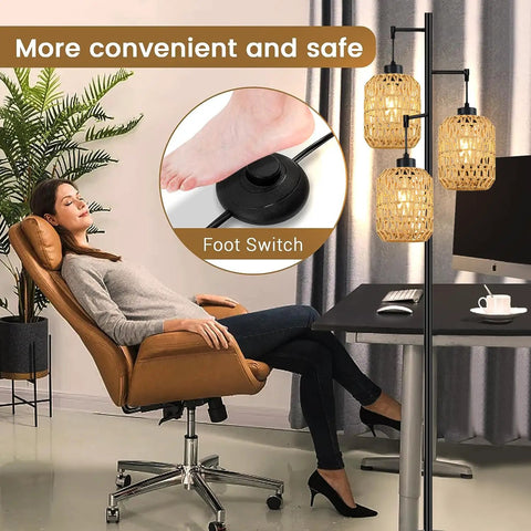 Relaxing office space with Boho Rattan Tree Floor Lamp With Three Edison Bulbs, Industrial Black Standing Farmhouse Style, focus on foot switch.