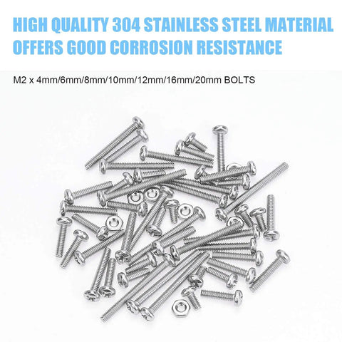 310 Piece Stainless Steel 304 Phillips Pan Head Bolts Screws Nuts Kit With M2x4mm M2x6mm M2x8mm for DIY Projects Cars