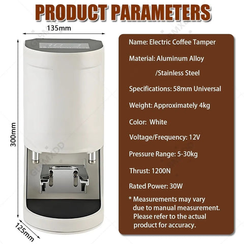 No Sweat Electric Coffee Tamper 58mm Smooth Auto 1 To 3 Cycles With Adjustable 5 To 30 Kg Pressure Built Tough Commercial Espresso Tool White