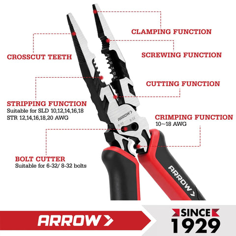 Six In One Needle Nose Pliers With Wire Stripper Crimper And Cutter Do It All Eight Inch Multi Tool For Clamping Stripping Cutting