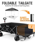 Beast Foldable Wagon With Tailgate Cargo Net 55 Inch Long 26 Inch Wide 600L Capacity All Terrain Wheels, side view with folded tailgate.