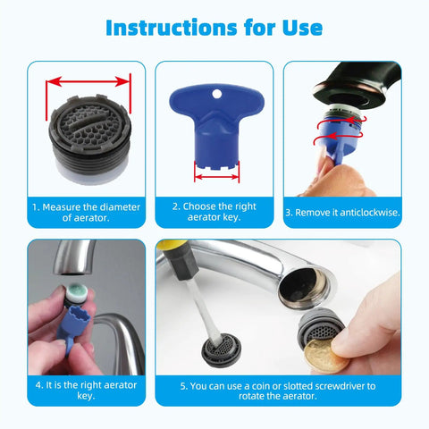 Instructions for using the 12 Pack Faucet Aerator Kit With 6 Aerator Keys And A Removal Wrench for installation and removal
