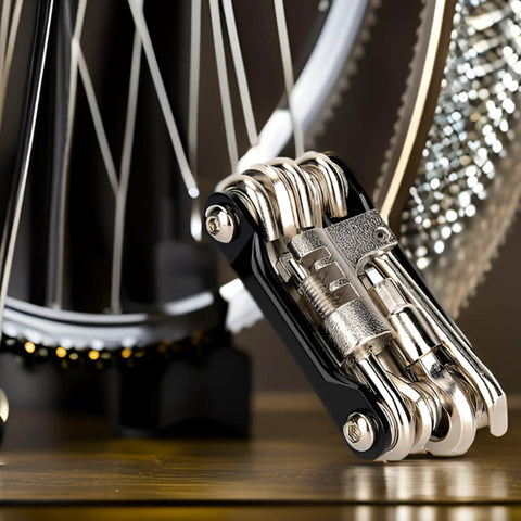 All In One Bike Multitool Kit With Chain Breaker And Tire Repair in compact stainless steel design beside bicycle wheel.
