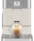 Fully Automatic Espresso Machine With Built In Grinder And Easy Access Bean Hopper, 15 One Touch Recipes For Bold Shots, Creamy Lattes, And Smooth Americano, Porcelain White Coffee Maker in action brewing cappuccino.