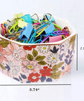 Ceramic Paper Clip Holder With Gold Line Dispenser, Desk Organizer with pink floral pattern, filled with clips, size 3.74"x1.96"