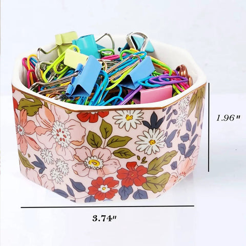 Ceramic Paper Clip Holder With Gold Line Dispenser, Desk Organizer with pink floral pattern, filled with clips, size 3.74"x1.96"