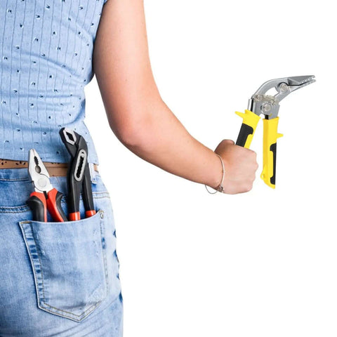 Person holding Crimping Tool Hand Seamer Bending Pliers For Ductwork And Sheet Metal Ergonomic Grip With Slip Resistant Handle