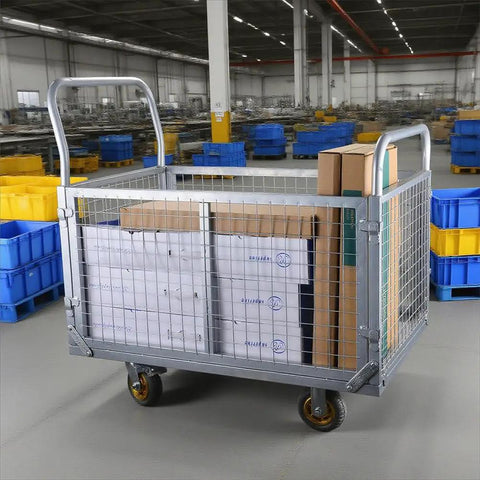 6 In 1 Platform Cart With Removable Cage Heavy Duty Folding Flatbed Lift Cart For Warehouse Grocery And Storage 1800 Lb Capacity With 6 Inch Swivel Wheels Built From Durable Steel For Easy Maneuvering And Versatile On The Job. steel cage cart with boxes in warehouse