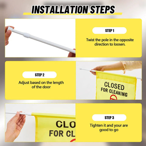 Restroom Closed For Cleaning Sign Yellow Hanging Doorway Safety Sign Adjustable From 30 To 53 Inches No Entry During Cleaning Ideal For Restrooms Restaurants Hotels Offices Hospitals Janitorial Use installation steps showing adjustment directions.