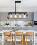 Dope Modern Farmhouse Linear Pendant Light Fixture With Glass Shade Four Light Black Steel Dining Room Chandelier Over Table