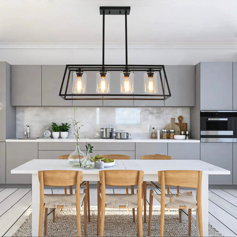Dope Modern Farmhouse Linear Pendant Light Fixture With Glass Shade Four Light Black Steel Dining Room Chandelier Over Table