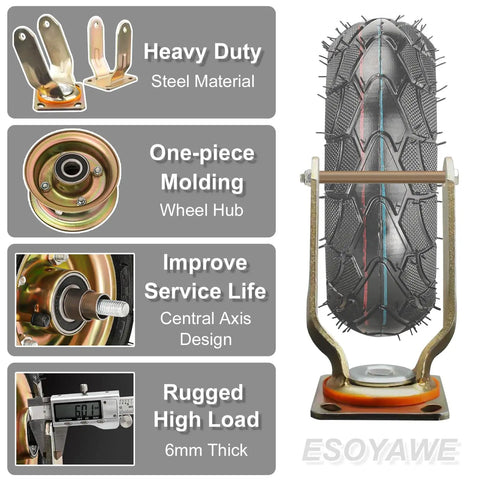 Heavy Duty Industrial Caster Wheel Set Of Four Featuring Shock Absorbing Pneumatic Rubber Tires And Tough As Nails Swivel Fixed Plate Brakes For No Fuss Shop Upgrades with steel components and wheel hub details.