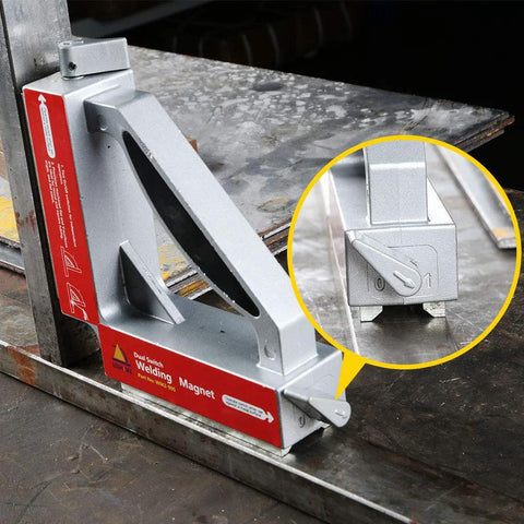 LISHUAI double-switch welding magnet clamp, silver metal with red label; side view with inset close-up of the switch.