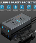 Road Trip Ready 200W 7 In 1 Car Power Inverter Converts 12V DC To 110V AC with multiple safety protections shown