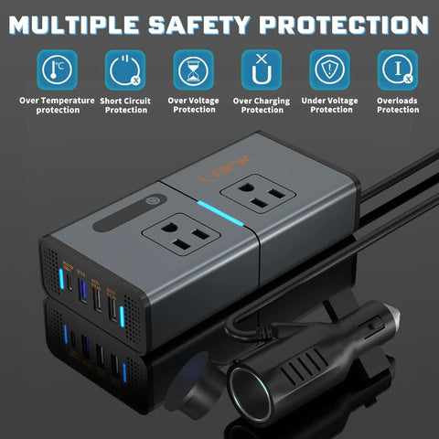 Road Trip Ready 200W 7 In 1 Car Power Inverter Converts 12V DC To 110V AC with multiple safety protections shown
