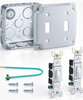 Two Gang Double Switch Box Kit with 4x4 Inch Metal Electrical Box and Two 15 Amp Tamper Resistant Single Pole Toggle Switches