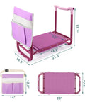 Fold Away Garden Kneeler And Seat With Tool Pouch 2 In 1 Stool showing dimensions and folded state, purple and silver color