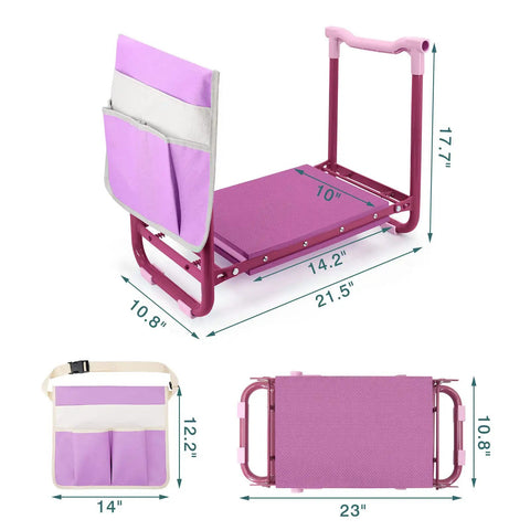 Fold Away Garden Kneeler And Seat With Tool Pouch 2 In 1 Stool showing dimensions and folded state, purple and silver color