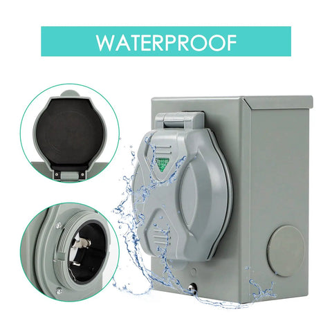 50 Amp Generator Inlet Box NEMA 3R Plug for Indoors Or Outdoors All Weather, 125/250V, 3 Prong, Waterproof Transfer Switch Inlet, gray metal box