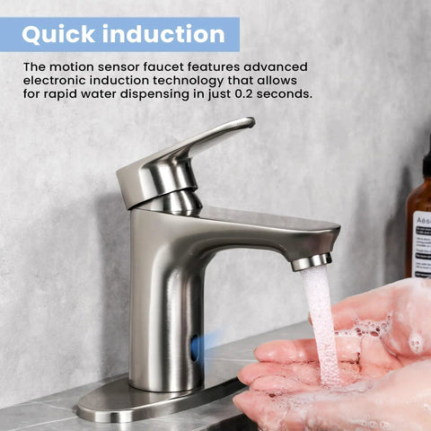 Touchless Bathroom Faucet With Dual Sensor, 1 Or 3 Hole Installation, Brushed Nickel Finish near hands under running water