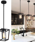 Black Pendant Light For Kitchen Island, 1 Light Modern Farmhouse Cage Lantern With Glass Shade shown in kitchen setting