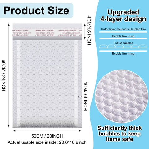 Diagram displaying size and bubble padding of 10 pack extra large 20x24 inch bubble mailers with poly padding waterproof and tear resistant.