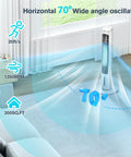 Turbocharged Evaporative Air Cooler Tower Fan with Remote in living room, illustrating 70° oscillation coverage.
