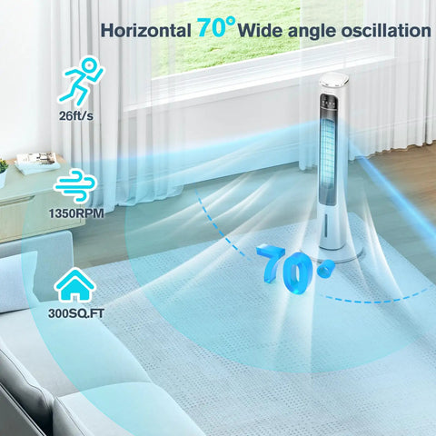Turbocharged Evaporative Air Cooler Tower Fan with Remote in living room, illustrating 70° oscillation coverage.