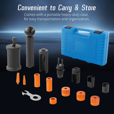 Fuel Injector Removal Kit with Seal Installer for VW Audi Engines 1.4L to 4.2L V8 FSI TSI, includes 18 pieces and carry case.