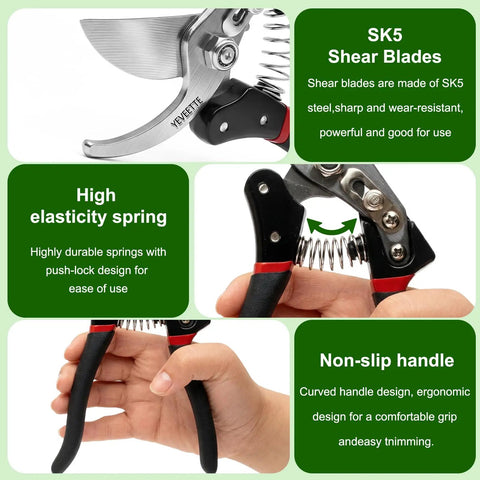 8.5 Inch Pro Grade Garden Shears With SK5 Steel Blades features and details collage