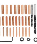 Rock Solid Doweling Jig Kit 38 Piece Self Centering Woodworking Drill Guide, wood dowels and drill bits on a white background.