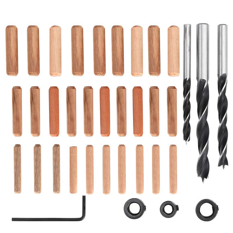 Rock Solid Doweling Jig Kit 38 Piece Self Centering Woodworking Drill Guide, wood dowels and drill bits on a white background.