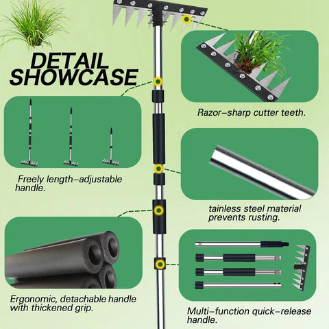 Upgraded 8 Tines Stainless Steel Weeding Tool With Adjustable Length Handle And Four Interlocking Sections detail showcase