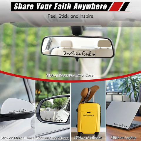 Trust in God decal on car mirror, suitcase, and laptop, promoting inspirational message of faith for personal accessories.