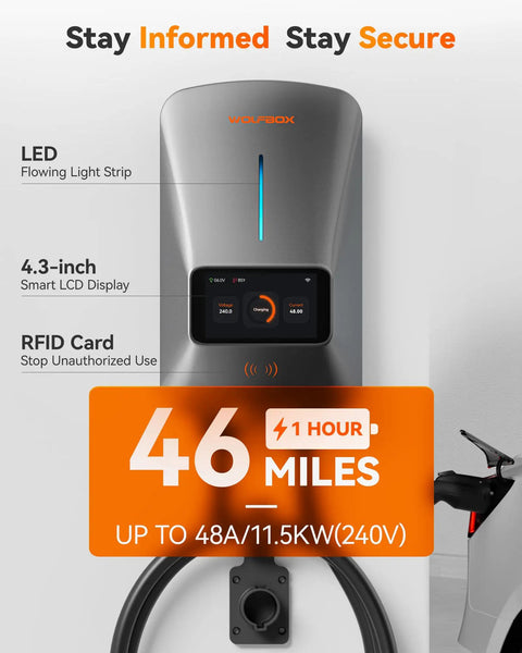 Level 2 EV Charger 48 Amp With Smart Display and WiFi 25 Foot Cable Indoor Outdoor Hardwired 240V Home Charging Station RFID