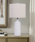 White Ceramic Table Lamps Set Of 2 For Living Room And Bedroom, displayed on a wooden table, featuring a wave relief base